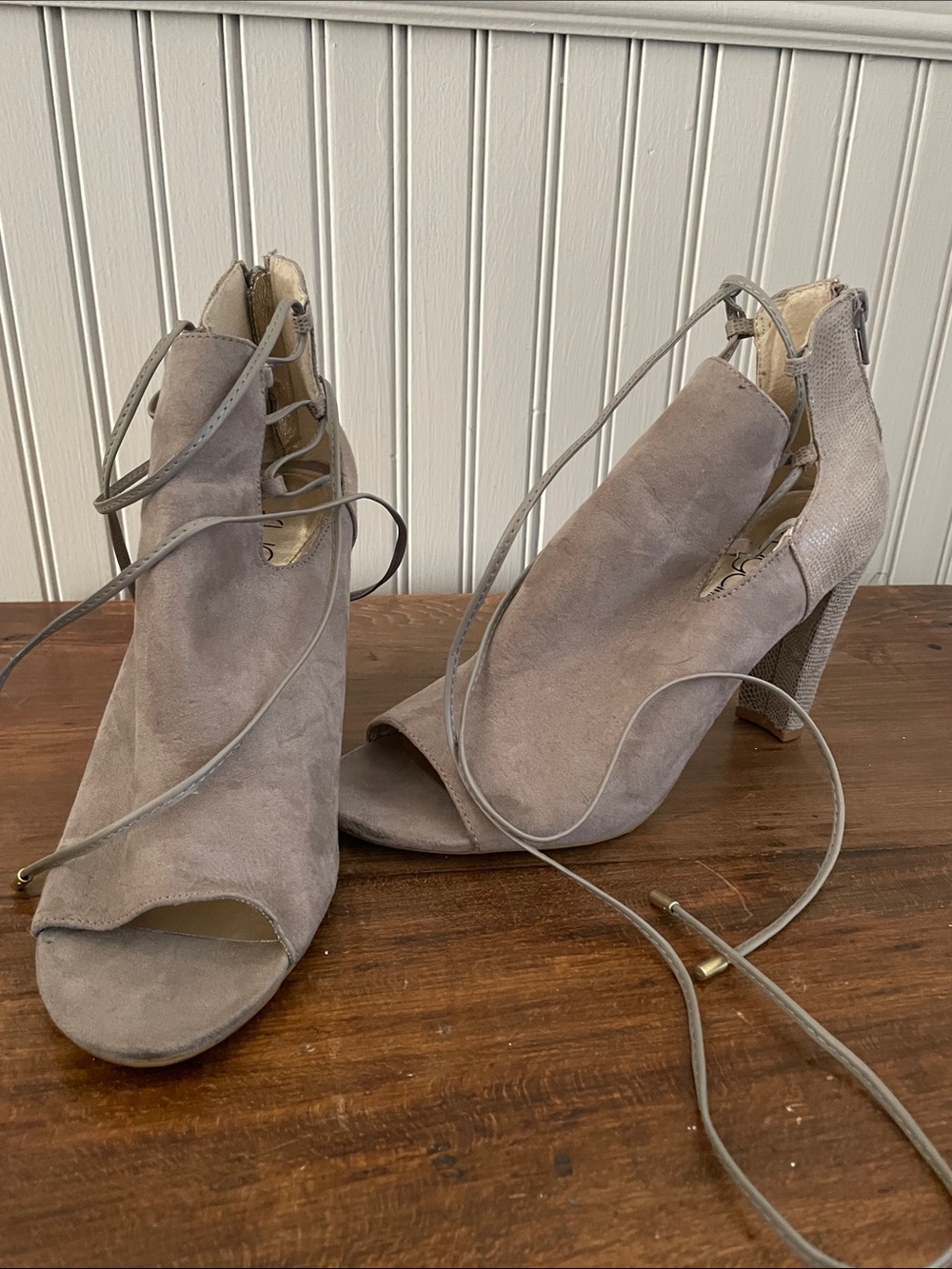 Sugar Taupe Suede Lace-Up Open Toe Block Heels